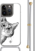 Casimoda® hoesje met grijs koord - Geschikt voor iPhone 14 Pro - Peekaboo Kat - Afneembaar koord - TPU/polycarbonaat - Grijs