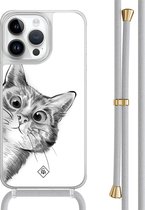 Casimoda® hoesje met grijs koord - Geschikt voor iPhone 14 Pro Max - Peekaboo Kat - Afneembaar koord - TPU/polycarbonaat - Grijs