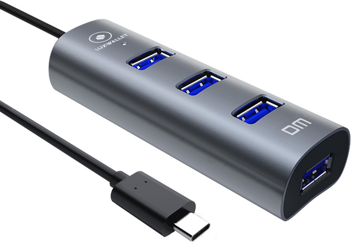 LUXWALLET UltraSync - USB 3.0 - HUB - Type C - 4 aansluitingen - 120cm - Zwart