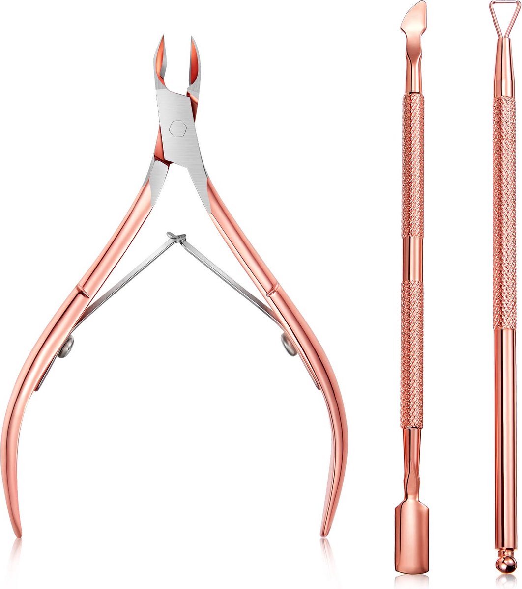 New Age Devi - Verzorgde nagelriemen in een handomdraai - Driedelige set met nagelriemknipper, schaar en bokkenpootje - Gemaakt van roestvrij staal in stijlvol roségoud