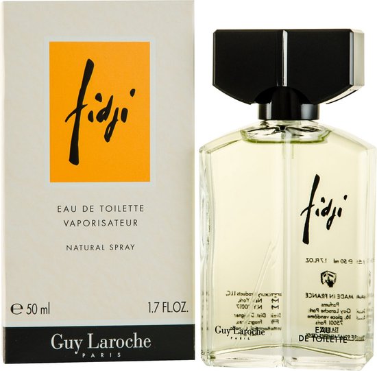 Fidji Eau de Toilette 50 ml flacon met zwarte dop en bijpassende doos.