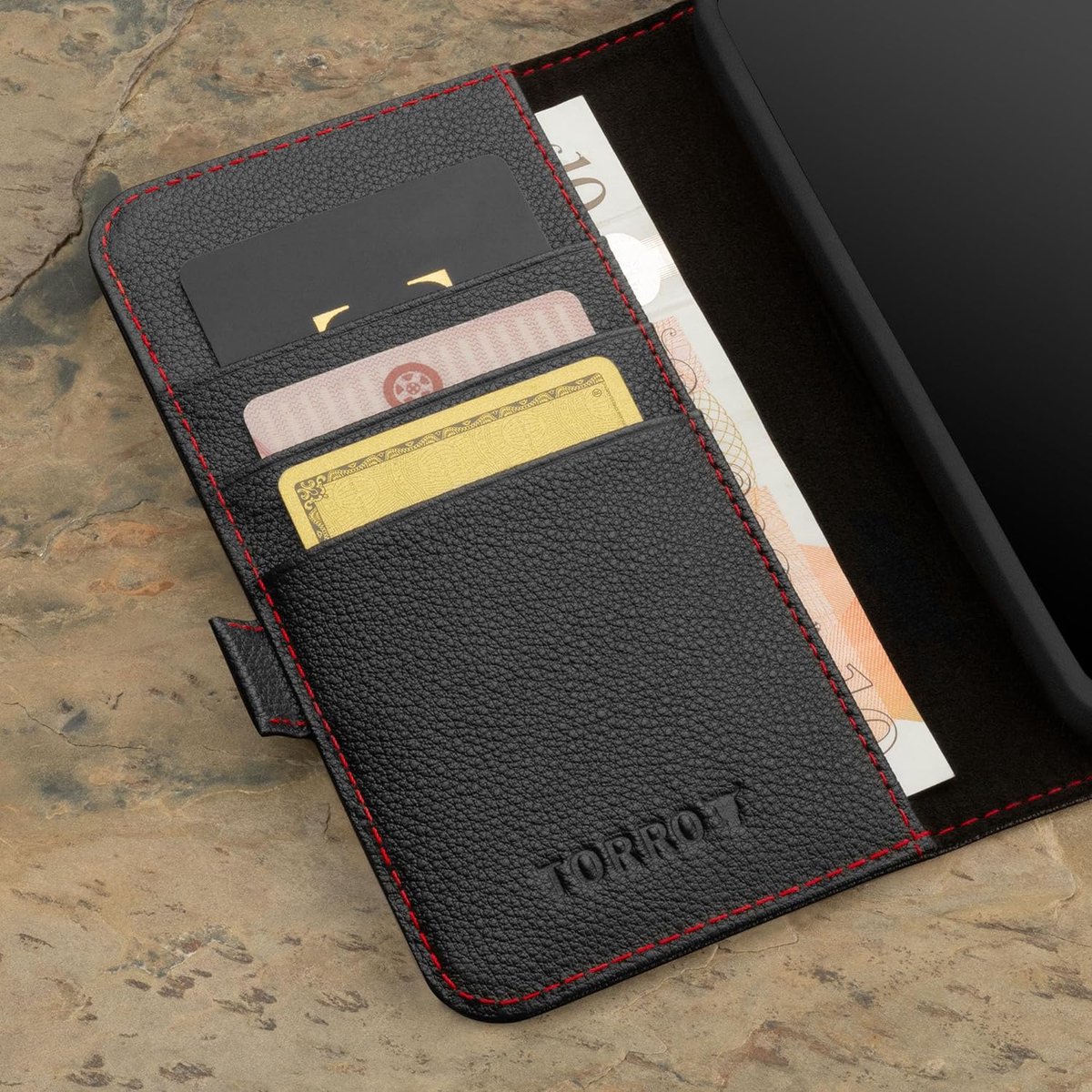TORRO Case compatibel met Samsung Galaxy S24 5G – Premium Leren Portemonnee-Hoesje met Standaard en Kaartsleuven (Zwart met Rood detail)