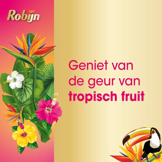 Robijn logo met tropische bloemen, bladeren en een toekan. Geniet van de geur van tropisch fruit.