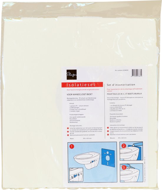 Verpakking van Plieger isolatiemat voor wandcloset/bidet met steunbussen. Tekst in Nederlands en Frans.