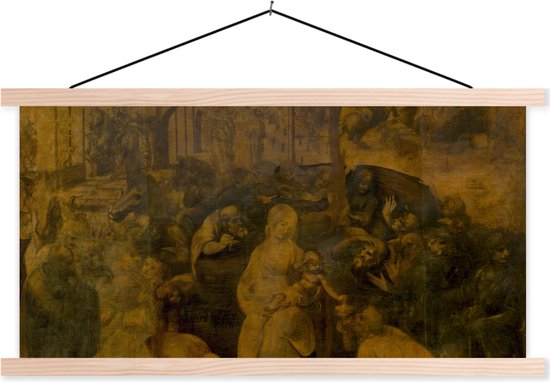 Posterhanger incl. Poster - Schoolplaat - Aanbidding door de Wijzen - Leonardo da Vinci - 150x75 cm - Blanke latten