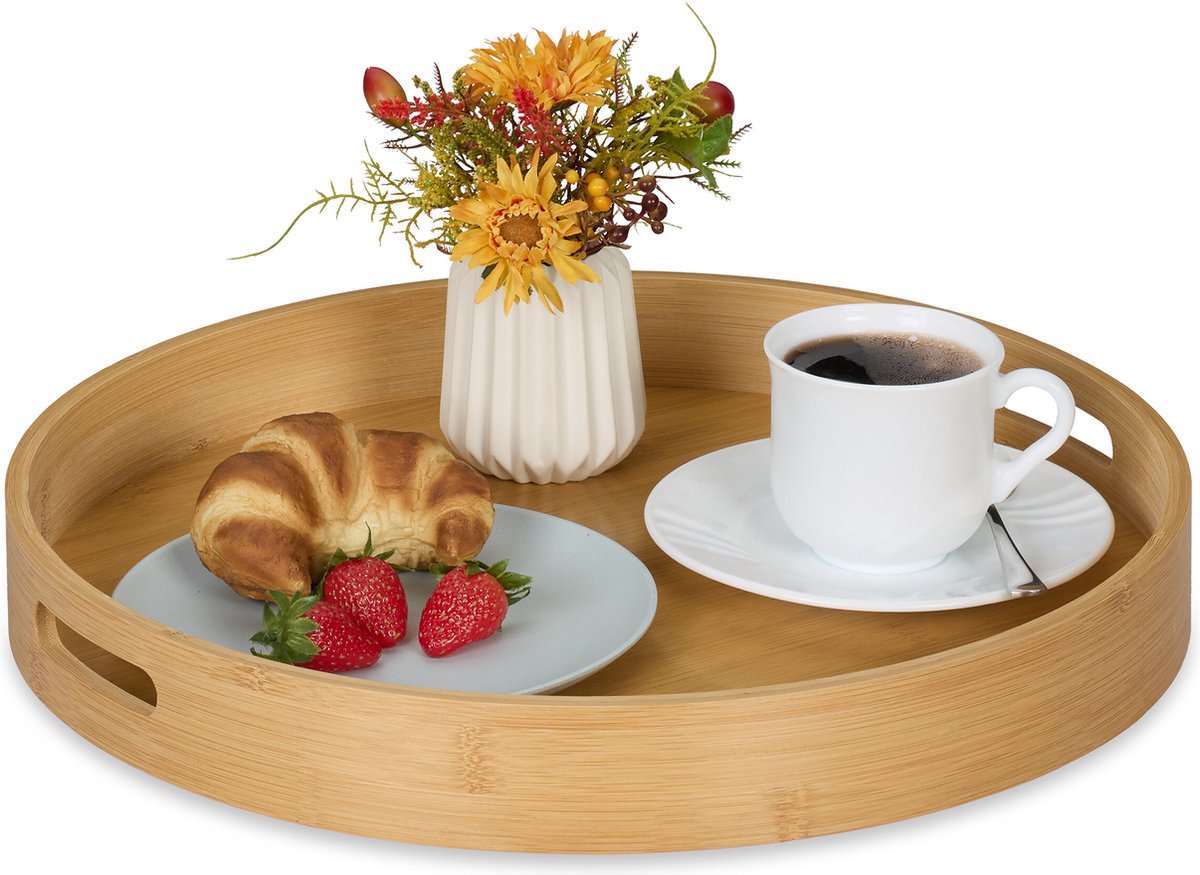 dienblad - bamboe & MDF - Ø 40 cm - met handgrepen - hoge rand - rond - voor koffie