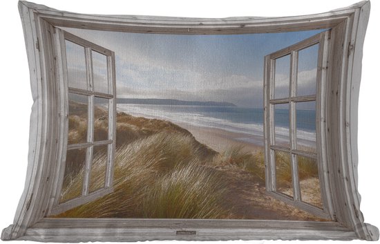 Foto: Buitenkussens doorkijk strand zee duinen helmgras zand blauw 60x40 cm weerbestendig