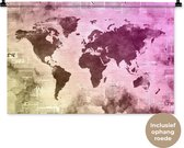 Wandkleed WereldkaartenKerst illustraties - Wereldkaart met bruine en paarse verf op een achtergrond met krantenpapier Wandkleed katoen 90x60 cm - Wandtapijt met foto