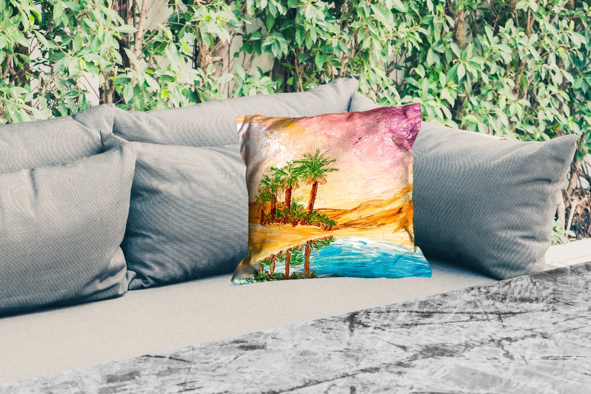 Buitenkussen - Schilderij - Olieverf - Palmboom - Natuur - Water - 45x45 cm - Weerbestendig