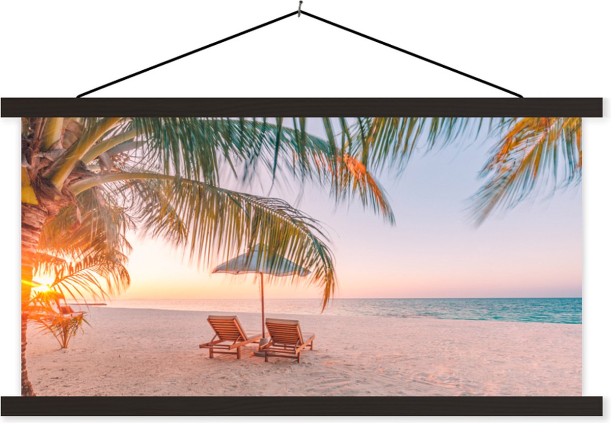 Posterhanger incl. Poster 150x75 cm - Schoolplaat - Strand - Palmbomen - Parasol - Textiel