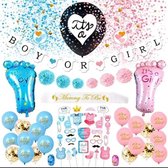 Gender Reveal Versiering Feest Pakket 65 Stuks - Babydouche - fotoprops, slingers, ballonnen en gender reveal ballon 36 inch