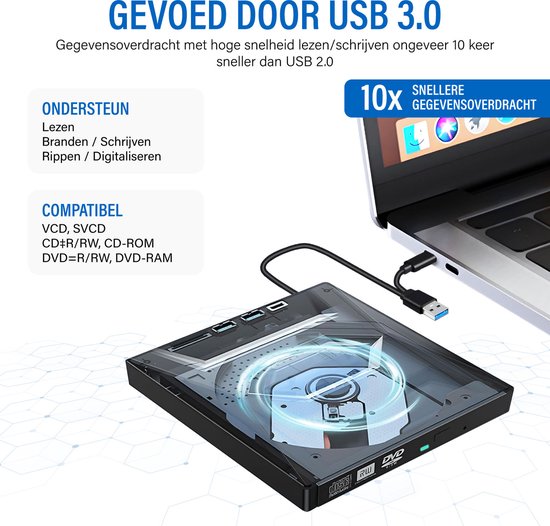Santel - Externe DVD CD Speler en Brander voor Laptop & Macbook - 3-in-1 - CD/DVD - USB 3.0 & USB C - USB hub met 2 Poorten - Gratis SD adapter - Plug & Play - Santel