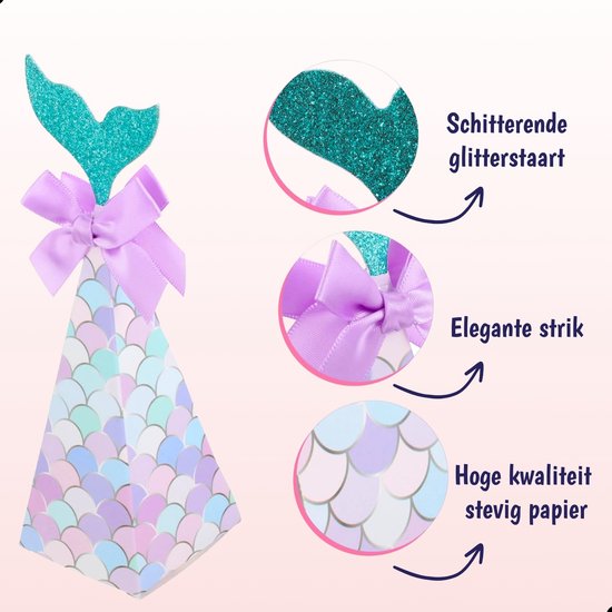 Gedetailleerde weergave van de schitterende glitterstaart, elegante lavendel strik en het stevige papier van de zeemeermindoosjes.