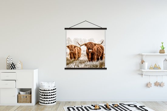 Porte-affiche avec affiche - Affiche scolaire - Highlander écossais - Vache - Animaux - 90x90 cm - Lattes noires