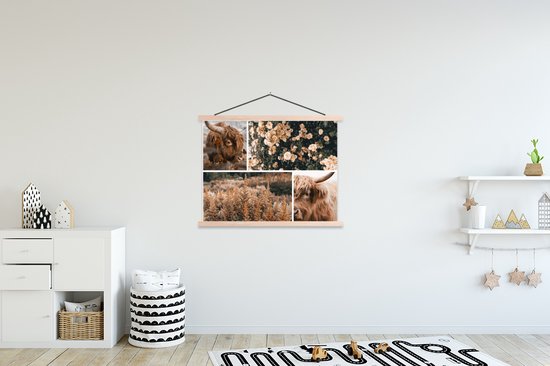 Posterhanger incl. Poster 120x90 cm - Schoolplaat - Schotse hooglander - Bloemen - Planten - Textielposter - Blanke latten