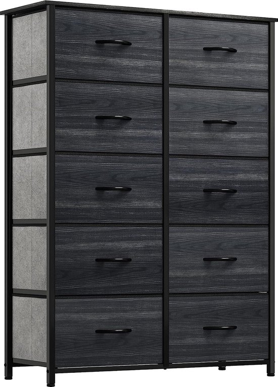 Ladenkast, kast, opbergkast, 10 laden gemaakt van stof met handgrepen, opbergkast, metalen frame, zwarte houtnerf