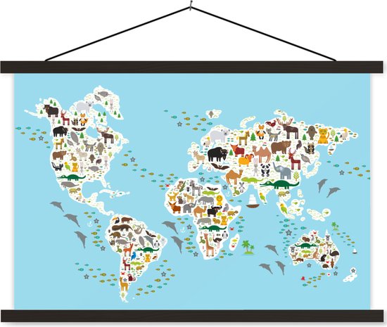 Wereldkaart met dieren voor kinderen schoolplaat platte latten zwart 60x40 cm - Foto print op textielposter (wanddecoratie woonkamer/slaapkamer)