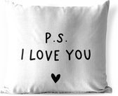 Coussin Sierkussen extérieur - Citation anglaise "PS je t'aime" avec un coeur sur fond blanc - 60x60 cm - Résistant aux intempéries