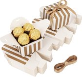 Belle Vous 60 Pak Wit & Gouden Kartonnen Geschenkdoosjes met Lint - 6,5 x 6,5 x 4,6 cm - Huwelijks Geschenk/Snoep Doosjes voor Jubileum, Verjaardagsfeest of Bruidsshower