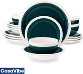 CasaVibe Luxe Serviesset – 16 delig – 4 persoons – Porselein - Bordenset – Dinner platen – Dessertborden - Kommen - Mokken - Set - Groen - Wit - Ori