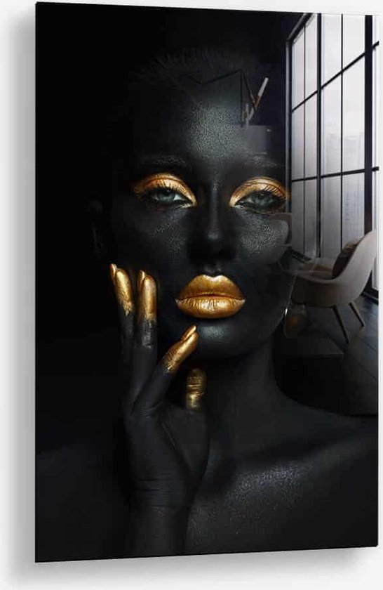 Wallfield™ - Golden Woman I | Glasschilderij | Muurdecoratie / Wanddecoratie | Gehard glas | 40 x 60 cm | Canvas Alternatief | Woonkamer / Slaapkamer Schilderij | Kleurrijk | Modern / Industrieel | Magnetisch Ophangsysteem