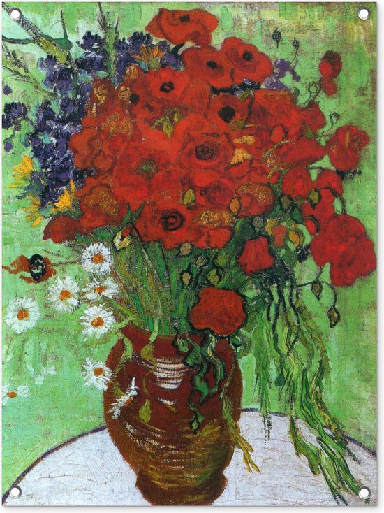 Tuinschilderij Vaas met rode papavers en madeliefjes - Vincent van Gogh - 60x80 cm - Tuinposter - Tuindoek - Buitenposter