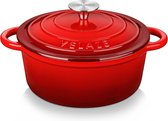 Gietijzeren braadpan 22 cm, 2,5 l gietijzeren pan brood bakken, stoofpan inductie, braadpan met deksel en handgrepen, geëmailleerde coating, geschikt voor alle warmtebronnen, rond en rood