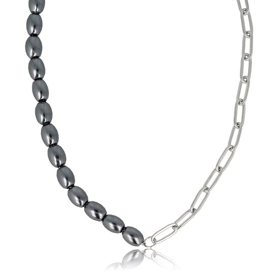 My Bendel - Ketting zilver met schakels en zwarte parels - Zilveren schakelketting gecombineerd met ovale zwarte parels - Met luxe cadeauverpakking