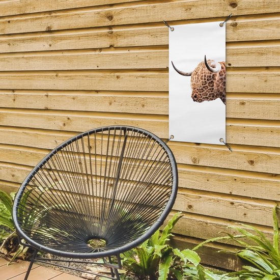 Tuinposter 30x60 cm - Tuindecoratie Schotse hooglander - Panter - Wit - Poster voor in de tuin - Buiten decoratie - Schutting tuinschilderij - Tuindoek muurdecoratie - Wanddecoratie balkondoek