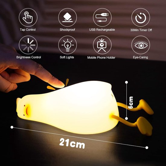 DiverseGoods Siliconen Nachtlampje Kinderen, Eend Led Bedlampje USB-Oplaad en Timingfunctie 1200 mAh Kawaii Nachtlampje met Aanraakschakelaar en Helderheidsaanpassing 3 Niveaus Houder voor Mobiele Telefoon van DiverseGoods — afbeelding 5
