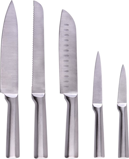Krumble Professionele keukenmessen – 5-delige messenset – Scherpe mes - Keukenmes - Koksmes – Vleesmes – Broodmes – Schilmesje – Groentemes – Mes - Messensets – RVS – Stainless steel – Zilver