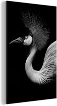 Aluminium schilderij 80x120 cm - Wanddecoratie metaal - Kraanvogel - Zwart - Wit - Vogel - Dieren - Metalen muurdecoratie woonkamer - Decoratie industrieel - Foto op dibond - Industriële accessoires slaapkamer