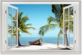 Tuinposter doorkijk - Strand - Palmbomen - Natuur - Kano - Zee - Tropisch - Tuindecoratie - Tuindoek - Tuin - Tuinschilderij voor buiten - 120x80 cm - Schutting decoratie - Schuttingdoek