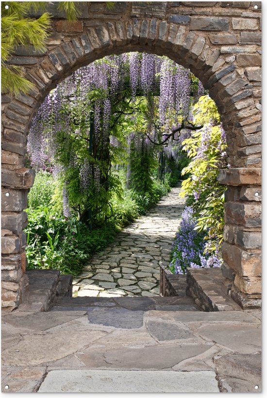 Affiche de jardin - Voir à travers - Pierres - Chemin - Arbres - Fleurs - 120x180 cm - Décoration de clôture - Peinture de jardin - Toile de jardin