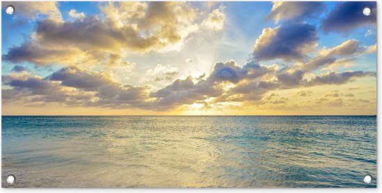 Tuinposter Zee - Strand - Wolken - Zon - 80x40 cm - Wanddecoratie Buiten - Tuinposter - Tuindoek - Schuttingposter - Tuinschilderij