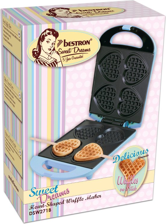 Bestron Wafelijzer - DSW271B - 1400W - 4 mini hartvormige wafels - Incl. 20 houten stokjes - Blauw - 5 jaar garantie van Bestron — afbeelding 4