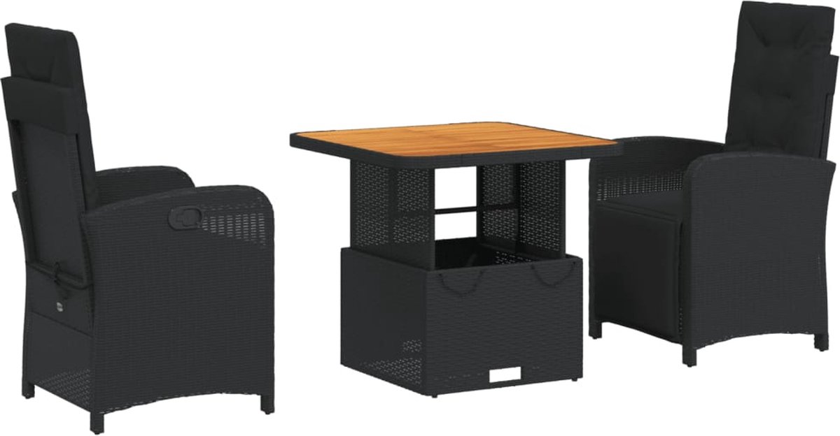 VidaXL 3-delige Tuinset met kussens poly rattan zwart