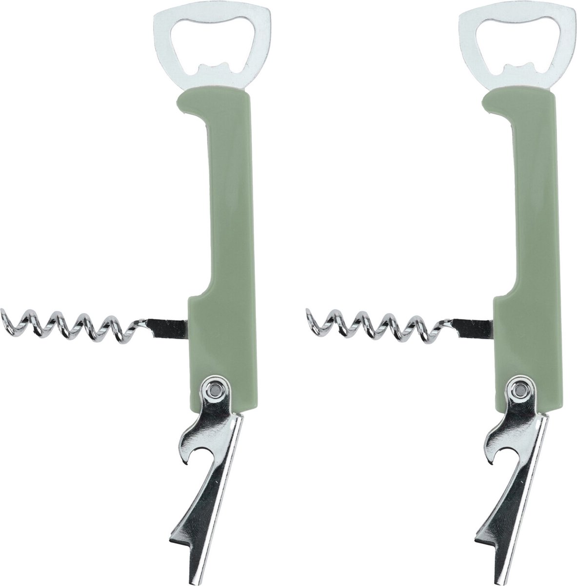 Excellent Houseware flesopener/kurkentrekker - 2x - kelnersmes - olijfgroen - 12 cm
