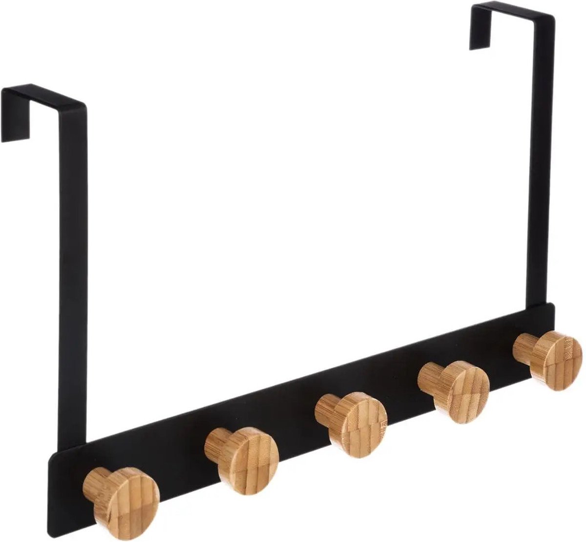 5Five® 5Five Deur ophang kapstok - met 5 ophanghaken/knoppen - zwart/beige - B33 x H20 cm - metaal/bamboe