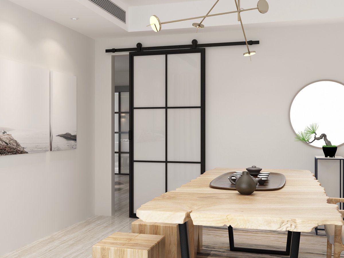 Barnwoodweb Schuifdeur staal en glas 6 vaks melkglas 100x235 - Complete set inclusief schuifdeursysteem en deurgreep