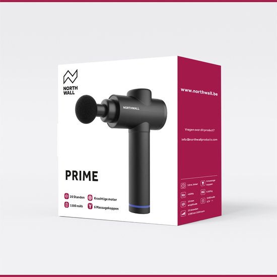 Doos van het Northwall Prime massagepistool met afbeelding van het zwarte apparaat, 6 opzetstukken en specificaties.
