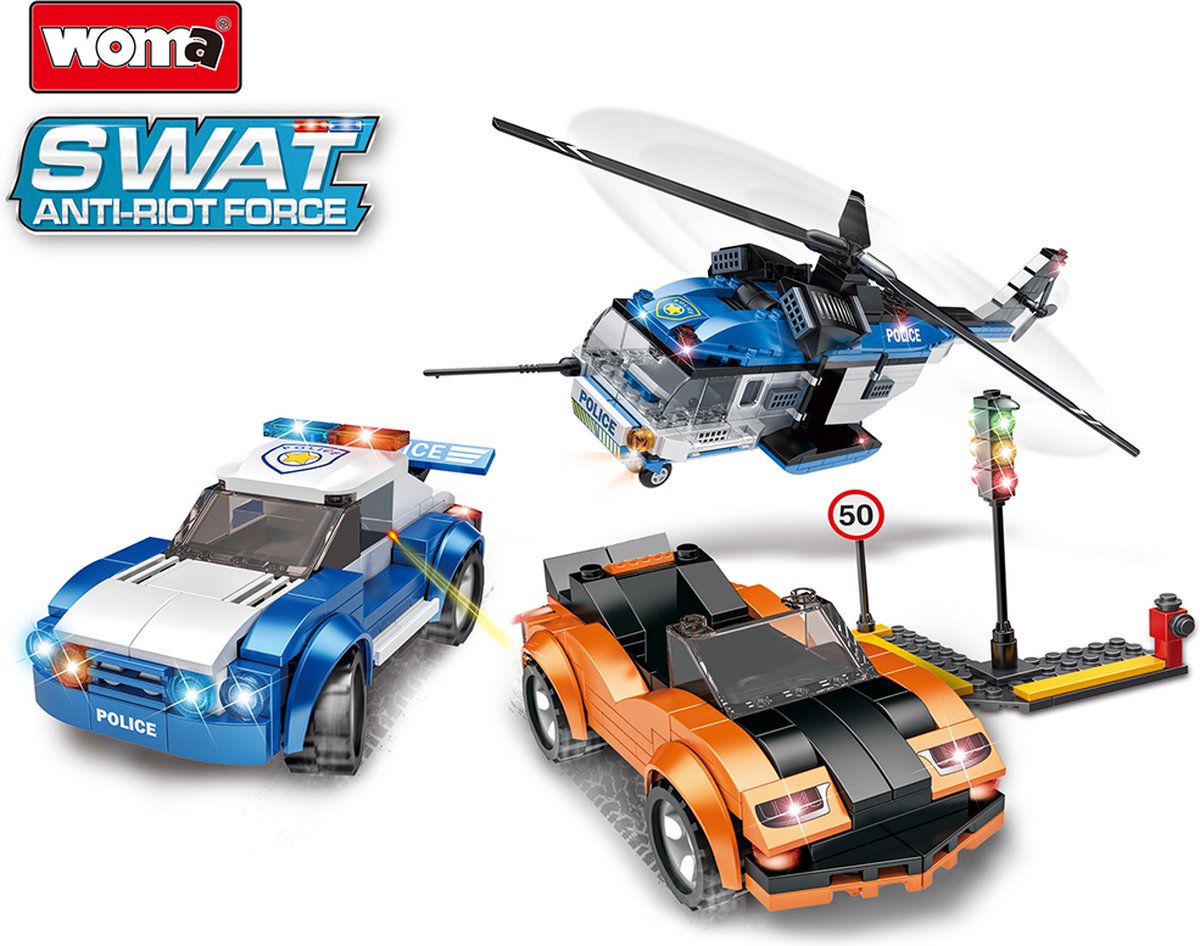 Woma SWAT Anti-Riot Force The Escape Politie Helikopterachtervolging Bouwpakket Bouwblokken Bouwset 3D puzzel Mini blokjes Compatibel met Lego bouwstenen 535 Stuks