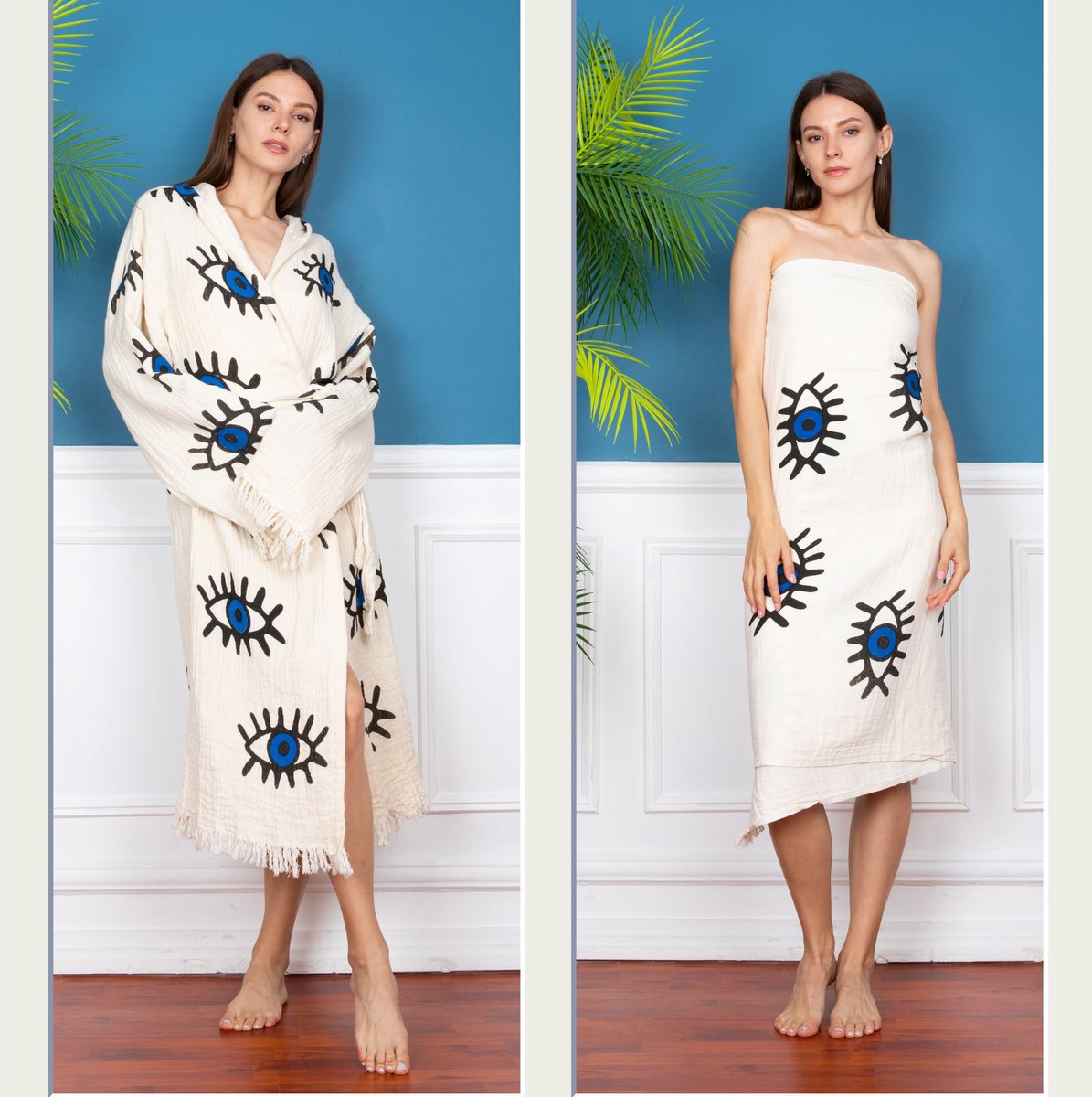 Trimita - Boze Oog Badjas en Hamamdoek Set - Combo Deal - 100% Katoen Hydrofiel Stof -Fair Trade - Heerlijk Zacht, Licht en Handgemaakt - Perfect voor Thuis, Sauna of Spa - Maat S/M