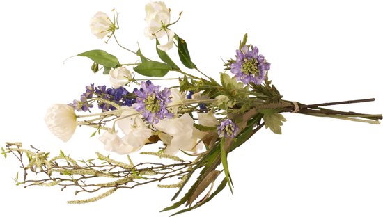 WinQ -Veldboeket van zijden bloemen compleet- Inclusief witte glasvaas - Kunstbloemen in Wit met Blauw