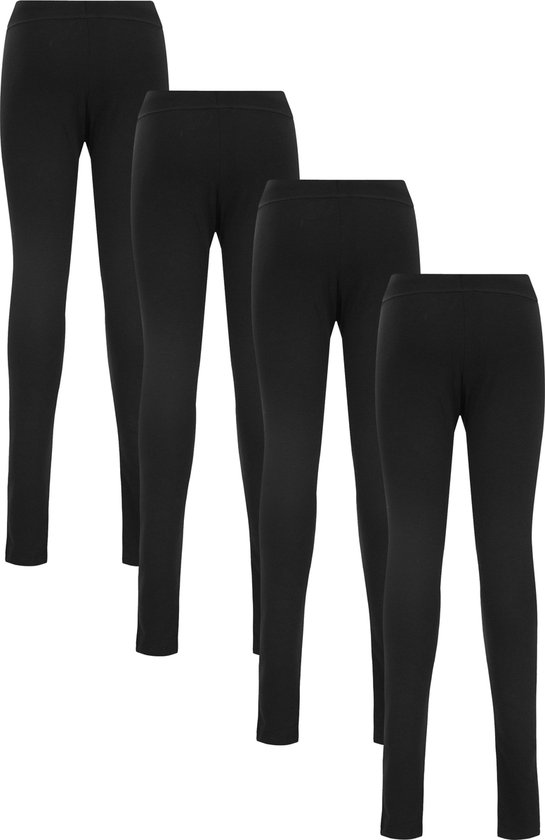 Vier zwarte leggings in verschillende formaten, staand opgesteld.