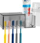 Wandgemonteerde tandenborstelhouder met tandpasta en bekerhouder, tandenborstelopbergstandaard met deksel voor badkamer