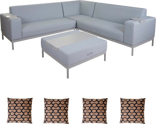 Cosmo Casa Aluminium Tuinset - Sofa - Buitengebruik - Stof/Textiel - Blauw - Met Plank - Bruin Kussen