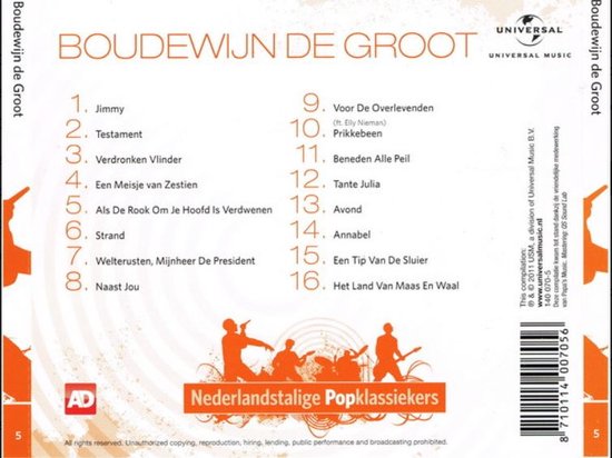 Nederlandstalige Popklassiekers Boudewijn de Groot CD, Boudewijn de