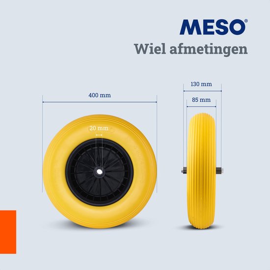 MESO Kruiwagenwiel Anti Lek - Kruiwagenwiel Massief - PU Band Lekvrij - Kruiwagenwielen met As - Kruiwagenwiel met Luchtband - Kruiwagenwielen - Draagvermogen 200KG - Asgat 20mm Incl. 130mm As van MESO — afbeelding 3