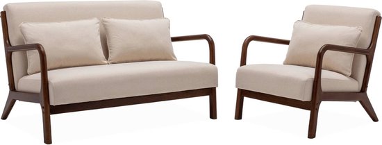 sweeek - 2-zitsbank + beige stoffen fauteuil, licht walnoot gebeitst heveahout